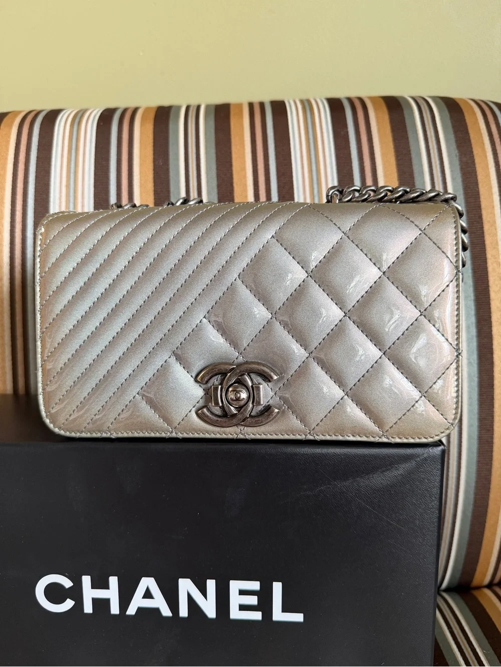 Chanel Coco Boyd Quilted Patent Leather Flap Bag in Dark Gray